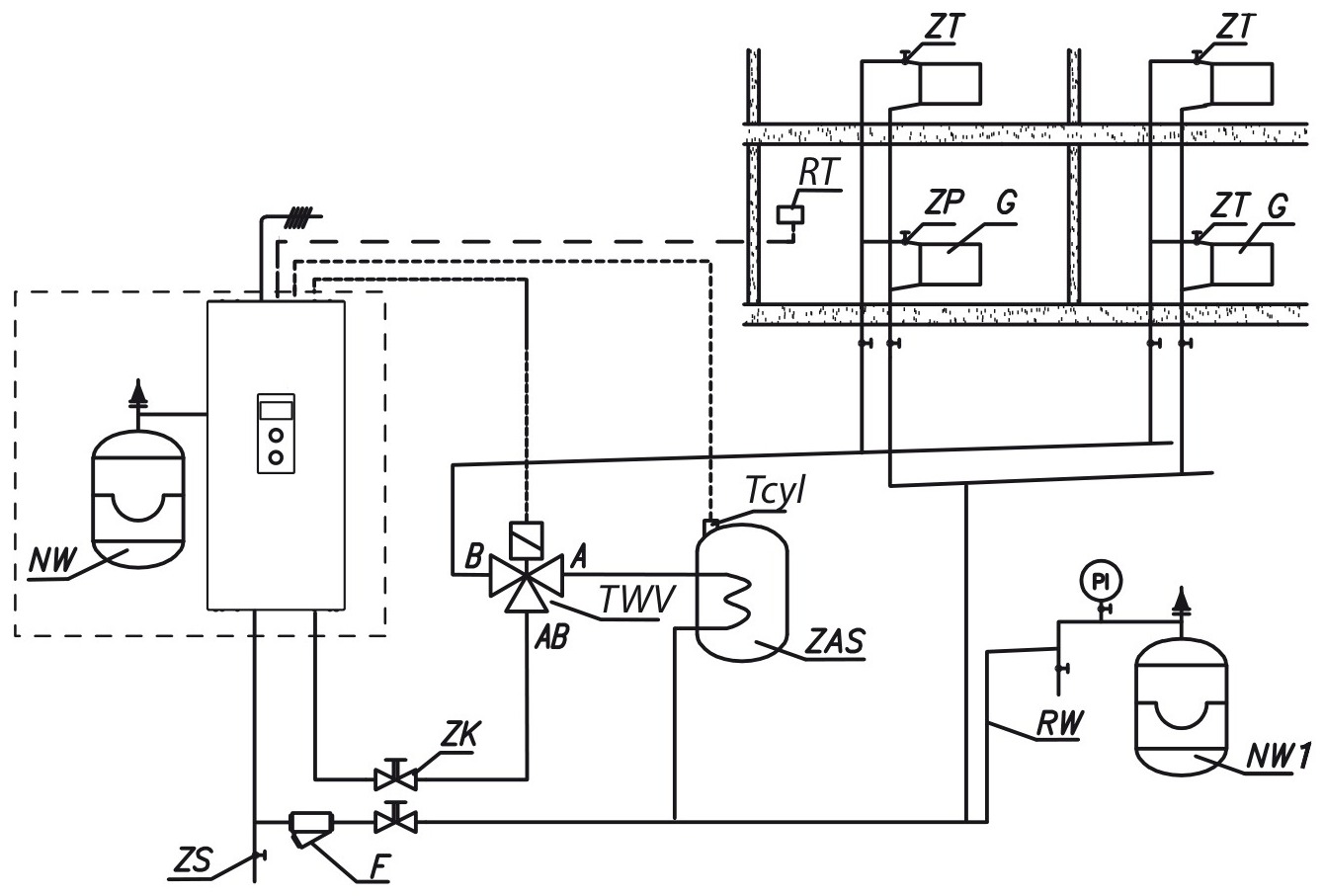 EKCO.LN3/L3 katilo, trieigio vožtuvo, boilerio gyvatuko ir radiatorių hidraulinė schema - gamintojo brėžinys